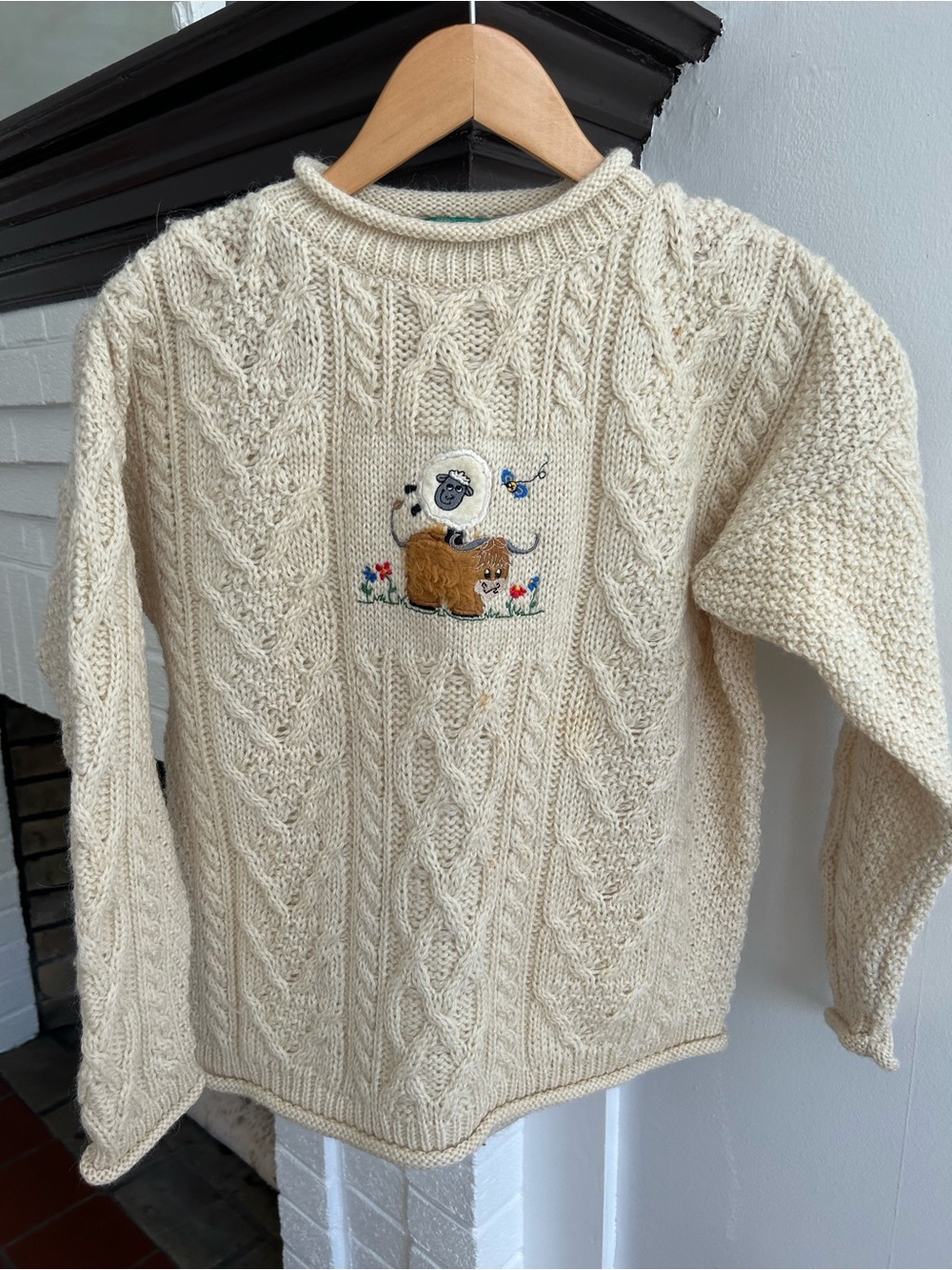 Cream Cable Knit Wool Sweater with Embroidered Sheep & Cow Made in Scotland